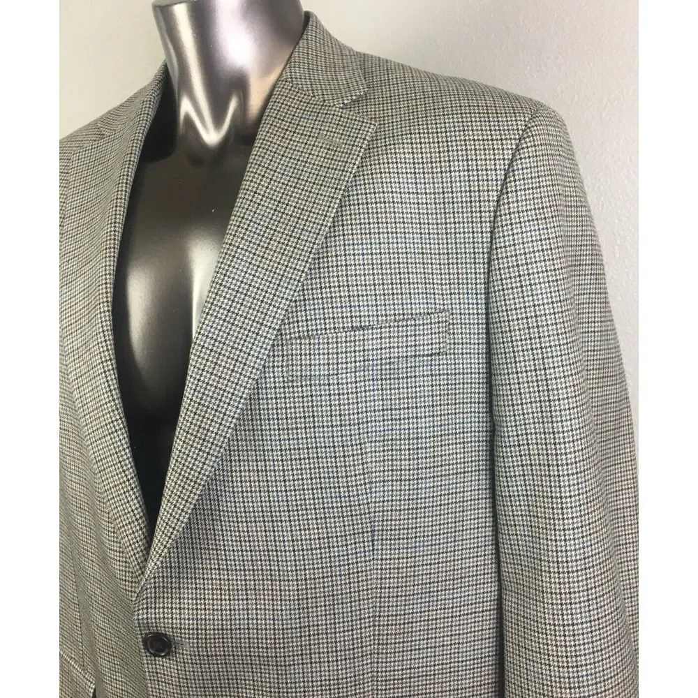 Mens Ralph Lauren Gray Houndstooth Jacket‎ 2 Button Size 46 R Silk Wool Blend